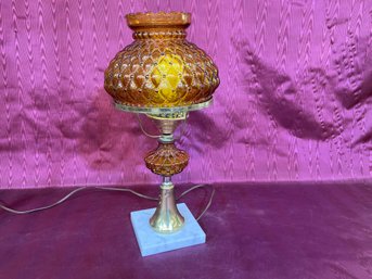 Vintage Fenton Student Lamp Amber Glass Quilted Diamond Shade 16' X 7'