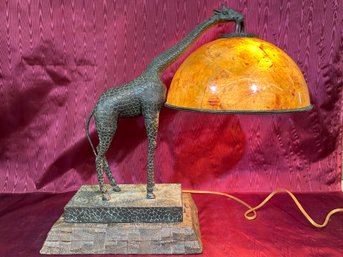 Maitland-Smith Lamp Figural Giraffe Table Lamp Penshell Shade With Beaded Trim Upon Bronze Patina Stacked Base
