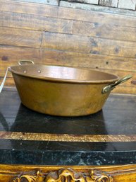 Large Georgian Copper Pot Round With Handles 14-1/2 Inch Diameter Overall X 5 Inches Deep