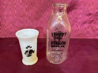 Hopalong Cassidy Milk Bottle And Milk Glass Cup