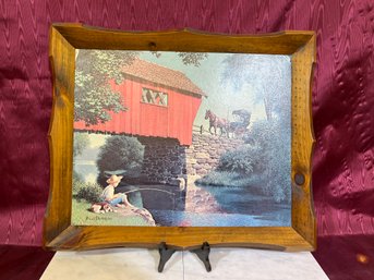 Paul Detlefsen Fishing By The Covered Bridge Print In Wooden Frame 23.5' X 20'