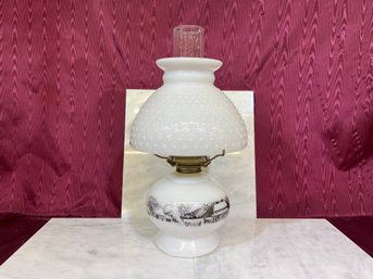 Currier & Ives Eagle Brand Milk Glass Oil Lamp 1950'S No Chips And Cracks 15' Tall Total
