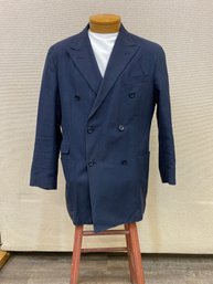 Men's Hickey Freeman Double Breasted Blazer Dark Blue 100 Cotton Size 44R Hand Sewn Buttons  Non-Fused Lapels
