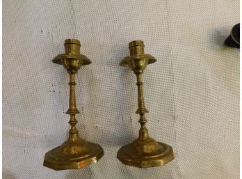 Pair Of Ornate Heavy Brass Candle Sticks