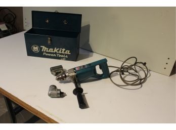 Makita 1/2 Inch Angle Drill Tested Runs Excellent With Metal Box Extra Bits And Tools