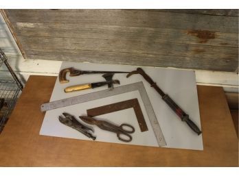 Tool Lot - Shears, Vise Grp. 2 Squares, Hatchet, Key Hole Saw, And Nail Puller