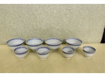 Vintage Chinese Dragon Rice Eyes Seed Translucent Hand Painted 8 Small Bowls 2 Sizes