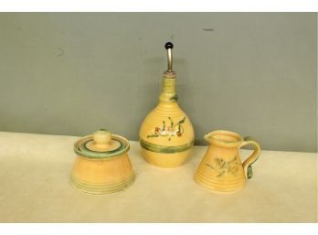 Lou Pignatier French Pottery 3 Piece Cruet Set. Each Piece Is Individually Handcrafted.