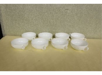 Anchor Hocking Vitrock Flower Trim White Milk Glass 8 Soup Bowls With Handles 4 3/4' X 2'