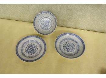 Vintage Chinese Dragon Rice Eyes Seed Translucent Hand Painted Plate And 2 Bowls