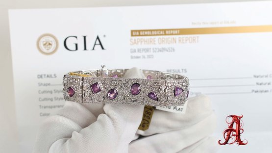 Platinum, GIA Unheated Kashmir Sapphire & Diamond Bracelet 19.64ctw, 41.1 Grams Natural Gemstone Jewelry