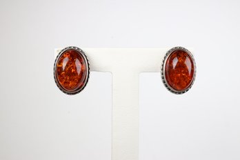 Sterling Silver 925 Amber Oval Stud Earrings