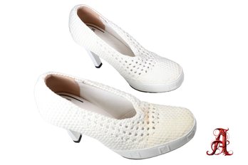 Fendi Tweed Braided Accents Pumps White Women's Heels Shoes Authentic