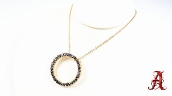 925 Sterling Silver Gold Plated Natural Sapphire Ring Circle Necklace Pendant