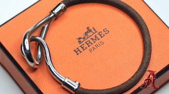HERMES Brown Leather Silver Jumbo Hook Bracelet Accessories Bangle Vintage Includes Box