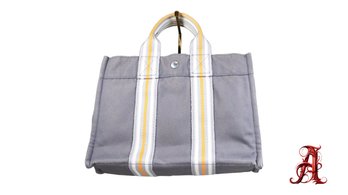 Hermes Purse Sac Fourre-Tout Gray Cotton Canvas Orange Striped Web Tote Bag Authentic