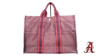 HERMES Tote Bag Furutu Bordeaux Cotton Canvas Authentic PURSE Red