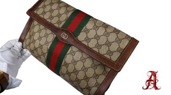 GUCCI GG Supreme Web Sherry Line Clutch Bag PVC Beige Red Authentic