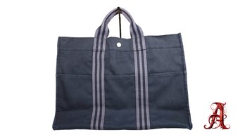 Hermes Tote Bag Fool Toe MM Canvas Black Gray HERMES Bicolor Handbag Back Men Women Unisex