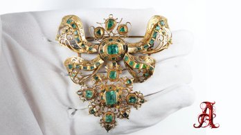 18k Yellow Gold, Natural Emerald 5.0ctw Brooch Georgian Gemstone Jewelry