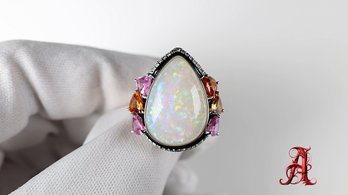 Platinum, Opal Ring With Sapphires & Diamonds 13.12ctw, 11.2 Grams Oscar Friedman Natural Gemstone Jewelry