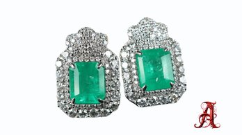 Platinum, Emerald & Diamond Earrings 5.96ctw, 10.2 Grams Oscar Friedman Natural Gemstone Jewelry Appraisal