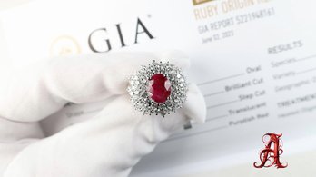 Platinum, GIA Burma Ruby & Diamond Ring 4.88ctw, 23.4 Grams Oscar Friedman Natural Gemstone Jewelry