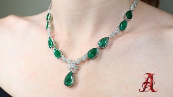 18k White Gold, Natural Emerald And Diamond Necklace 51.58ctw, 46.1 Grams Gemstone Jewelry