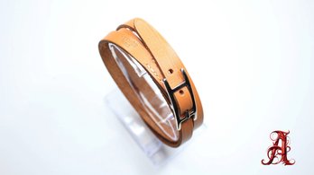 HERMES Belt Buckle Bracelet & Choker Palladium Hardware & Brown Leather Authentic