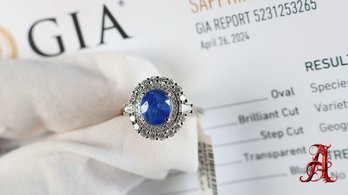 Platinum, GIA No Heat Burma Sapphire & Diamond Ring 3.67ctw, 7.6 Grams Oscar Friedman Natural Gemstone Jewelry