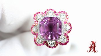 18k White Gold, Natural Kunzite Ruby & Diamond Ring 13.63ctw, 10.8 Grams Gemstone Jewelry Diamonds