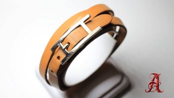 Hermes Behapi Double Tour Bracelet Choker Orange Leather Belt Buckle