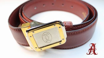 Santos De Cartier Leather Belt Color Bordeaux Gold Silver Metal Buckle Unisex