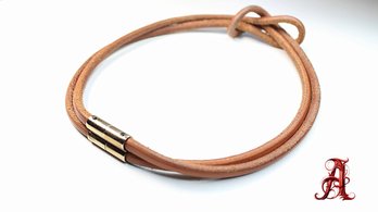 HERMES Leather Eakuriddo Choker Necklace Brown Double Stranded Necklace Jewelry Authentic