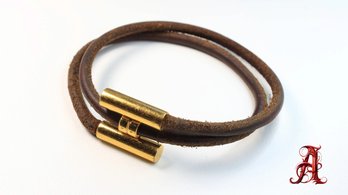 HERMES Turnis Leather Metal Bangle Brown Gold Authentic