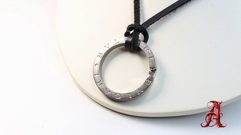 BVLGARI NECKLACE Pendant Leather Sterling Silver 925 UNISEX Circle Keychain Ring