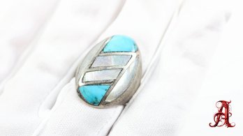 STERLING SILVER 925 TURQUOISE RING PEARL INLAY  GEMSTONE FINE JEWELRY