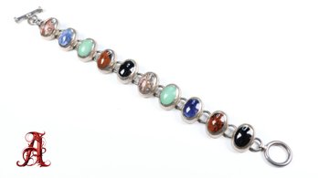 Vintage Chunky Mexico 925 Multi Gemstone Oval Cabochon Tennis Bracelet. 7.5'