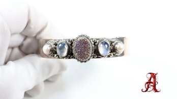 VINTAGE DESIGNER 925 SOLID STERLING SILVER DRUZY PEARL MOONSTONE BRACELET