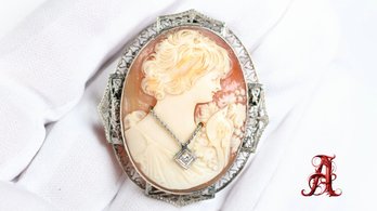 14k White Gold Cameo Diamond Intaglio Filigree 8 Grams Jewelry Gemstone