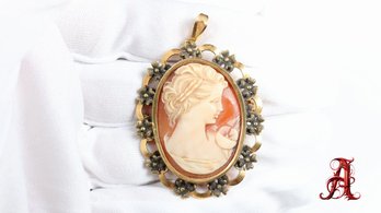 18k Yellow Gold Cameo Pendant Necklace Intaglio Gemstone Jewelry 14 Grams Brooch