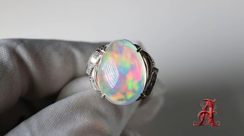 Platinum, Mexican Opal & Diamond Ring 14.86ctw, 13.75 Grams Natural Gemstone Jewelry Diamonds