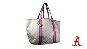 GUCCI GG Canvas Sherry Line Tote Bag Beige Pink Authentic Leather