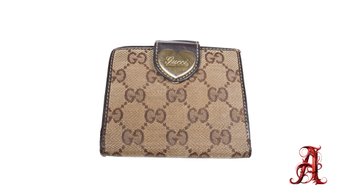 GUCCI  Monogram Heart French Wallet Dark Brown Authentic Leather Canvas