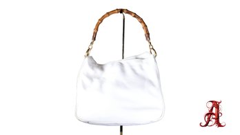 GUCCI Bamboo Handle Hand Bag Leather White Authentic