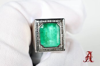 Platinum, Natural Emerald & Diamond Mens Ring 7.23ctw, 24.25 Grams Gemstone Jewelry Diamond