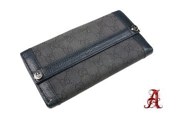 Authentic Gucci Black Monogram Denim & Leather Long Wallet