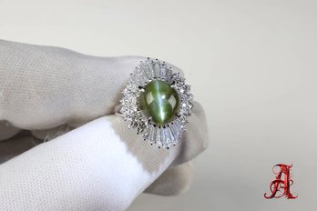 Platinum, Chrysoberyl Cats Eye & Diamond Ring 6.39ctw, 9.59 Grams Natural Gemstone Jewelry Diamonds