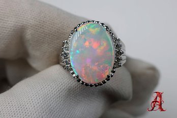 Platinum, Australian Opal & Diamond Ring 4.82ctw, 7.85 Grams Natural Gemstone Jewelry Diamonds