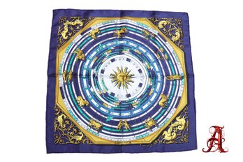 VTG Authentic HERMES Scarf 40 DIES ET HORE Astrology Zodiac Horoscope Silk Blue